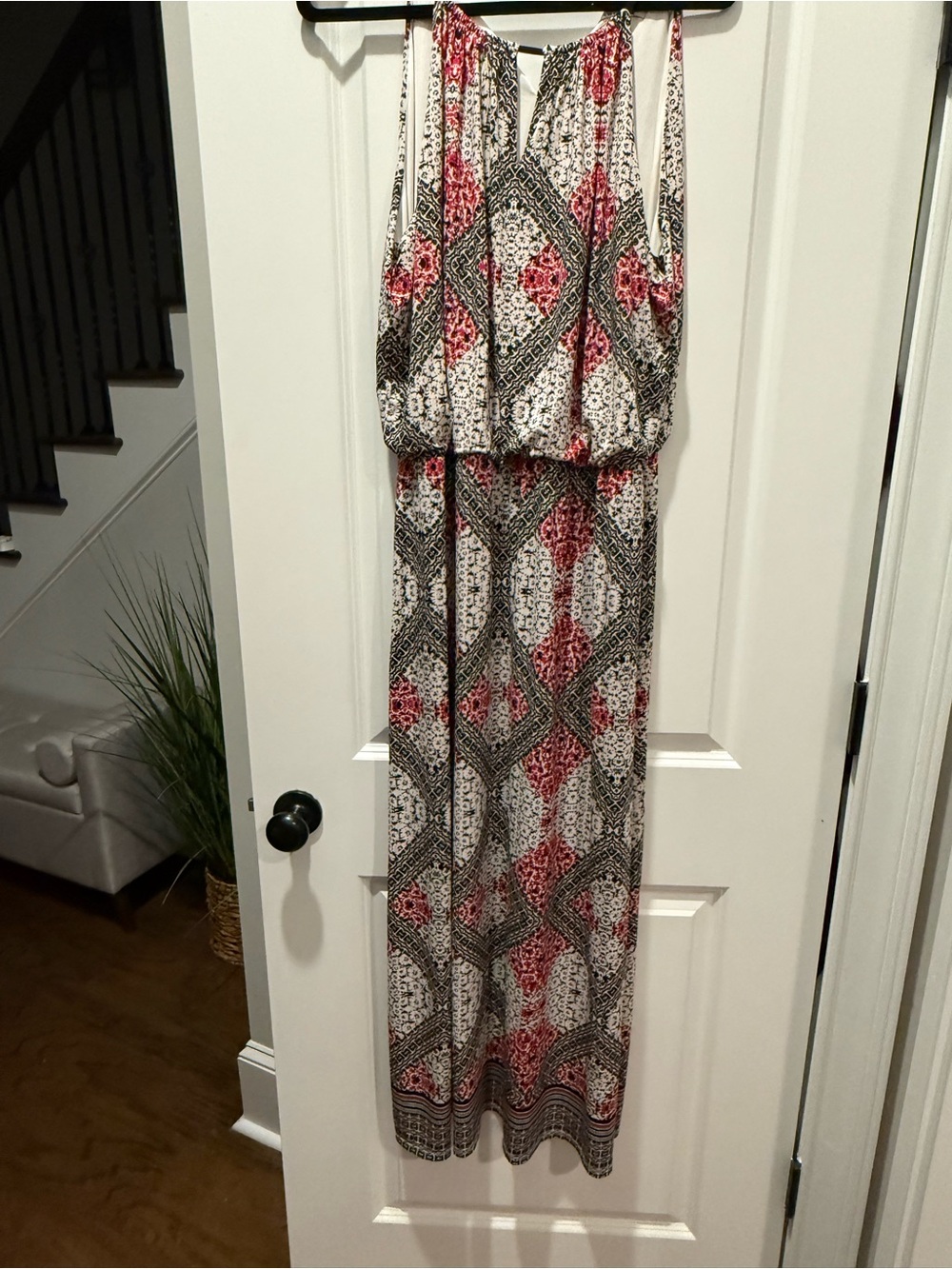 London Style Sleeveless Maxi Dress in Red, Black & White Geometric Print